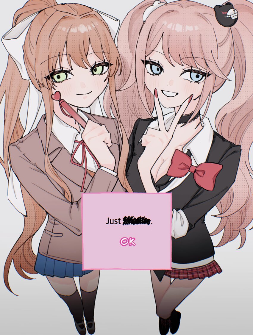 2girls :d absurdres bear_hair_ornament big_hair black_choker black_shirt blazer blonde_hair blue_eyes blush bow breasts brown_hair brown_jacket choker cleavage collarbone crossover danganronpa:_trigger_happy_havoc danganronpa_(series) dialogue_box doki_doki_literature_club doki_doki_literature_club_school_uniform enoshima_junko green_eyes hair_bow hair_ornament hair_ribbon highres jacket large_breasts long_hair long_sleeves looking_at_viewer monika_(doki_doki_literature_club) multiple_girls necktie open_mouth orange_sweater_vest ponytail raamensusure red_bow red_nails red_skirt ribbon school_uniform shirt shirt_bow skirt sleeves_rolled_up smile sweater_vest twintails two-tone_necktie white_bow white_necktie white_ribbon