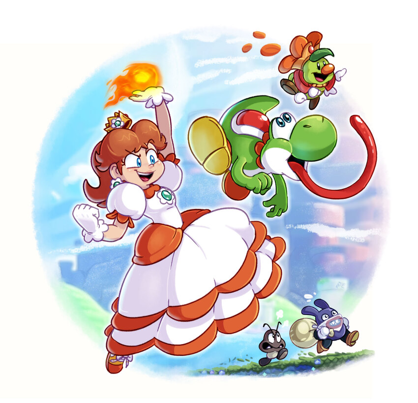1girl 4others arm_up blue_eyes boots breasts brooch brown_footwear brown_hair crown dinosaur dress earrings fire fire_daisy fireball flower_earrings francois.l full_body gloves goomba grin highres jewelry jumping long_tongue looking_at_another mario_(series) medium_breasts medium_hair multiple_others nabbit nintendo open_mouth power-up prince_florian princess_daisy puffy_short_sleeves puffy_sleeves running sack short_sleeves smile smug super_mario_bros._wonder tail tomboy tongue tongue_out white_dress white_gloves yoshi