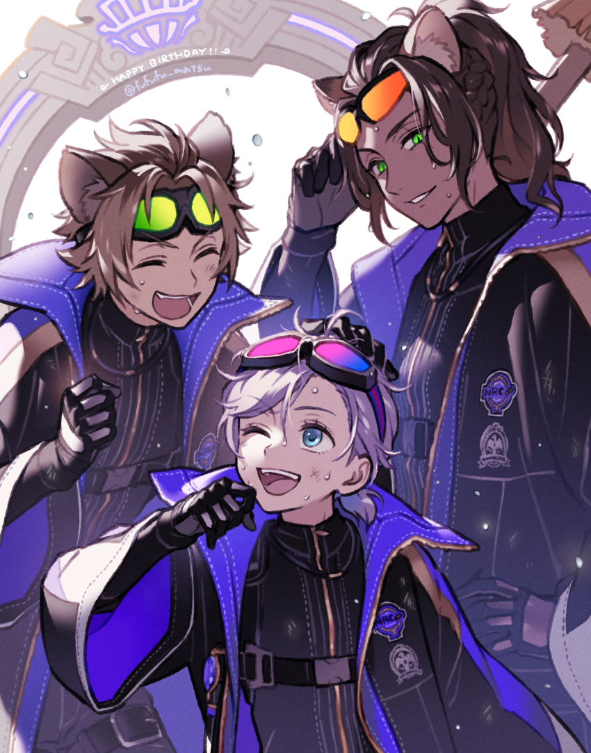 3boys absurdres animal_ears black_coat blue_eyes brown_hair coat commentary_request epel_felmier eyewear_on_head funuyu goggles goggles_on_head green_eyes highres hyena_boy hyena_ears leona_kingscholar lion_boy lion_ears long_hair looking_at_another male_focus multiple_boys one_eye_closed ponytail purple_hair ruggie_bucchi short_hair slit_pupils sunglasses sweat twisted_wonderland white_background