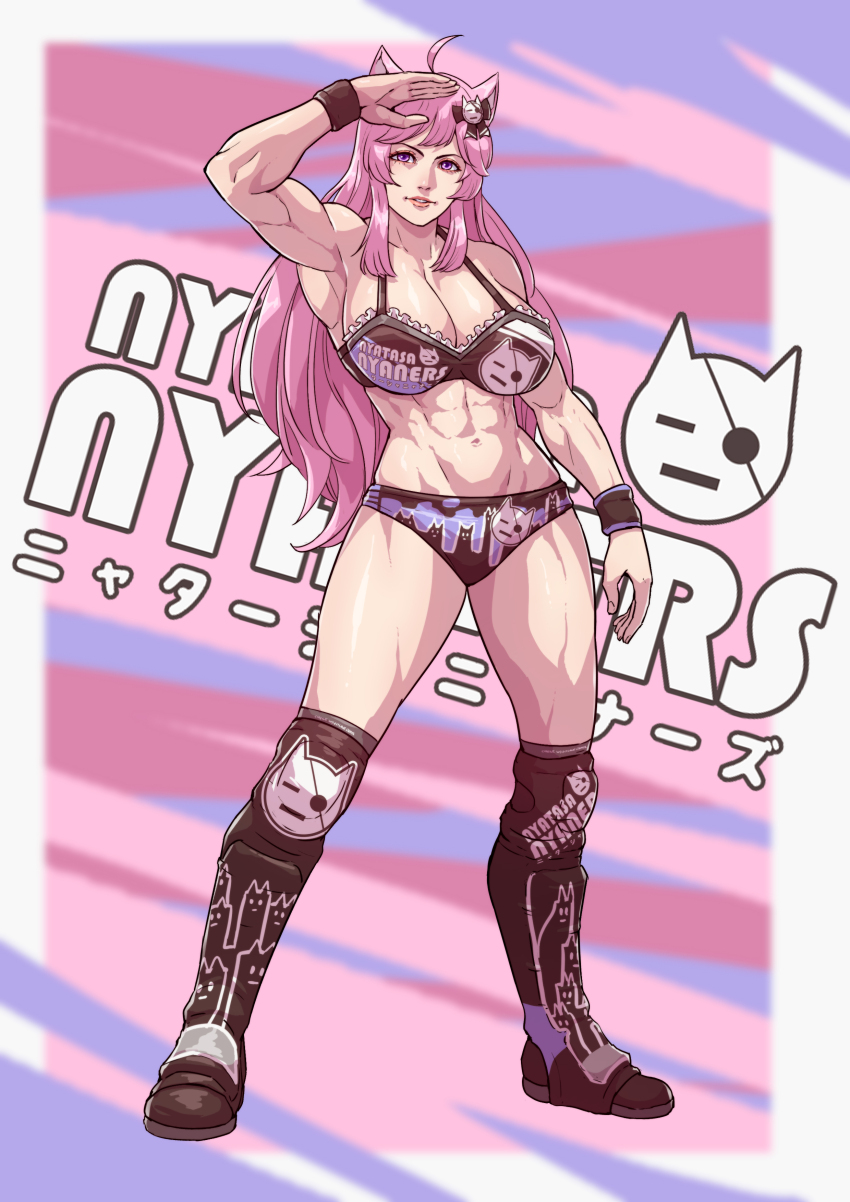 1girl abs absurdres alternate_muscle_size animal_ears animal_print bikini black_bikini black_boots boots bra breasts cat_ears cat_girl cat_hair_ornament cat_ornament cat_print character_name cirenk commentary commission english_commentary frilled_bra frills full_body hair_ornament highres indie_virtual_youtuber knee_boots long_hair multicolored_background muscular muscular_female nyatasha_nyanners pink_hair purple_eyes solo swimsuit underwear virtual_youtuber