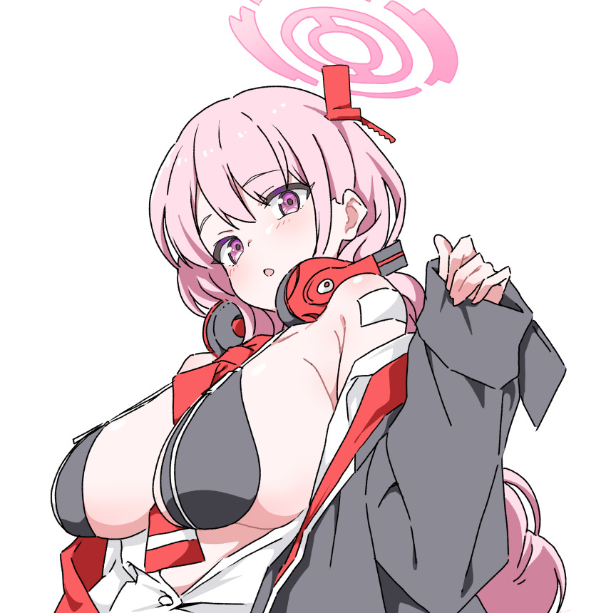 1girl :o absurdres armpit_crease bandaid bandaid_on_shoulder between_breasts bikini black_bikini black_jacket blue_archive breasts commentary_request dress_shirt eimi_(blue_archive) fujiwara_tatsuroo halo headphones headphones_around_neck highres jacket large_breasts long_hair long_sleeves looking_at_viewer necktie necktie_between_breasts open_clothes open_jacket open_mouth open_shirt pink_eyes pink_hair pink_halo red_necktie shirt sleeves_past_wrists solo swimsuit upper_body white_background white_shirt
