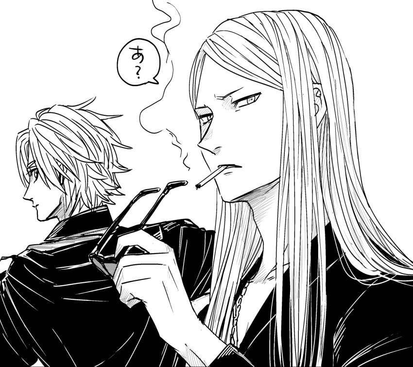 2boys black_jacket blonde_hair cigarette coat daybit_sem_void fate/grand_order fate_(series) greyscale highres holding holding_removed_eyewear jacket long_hair long_sleeves looking_back male_focus monochrome multiple_boys open_clothes open_jacket removing_eyewear simple_background smoke speech_bubble sunglasses tezcatlipoca_(fate) translation_request unworn_eyewear upper_body wakkamaji white_background