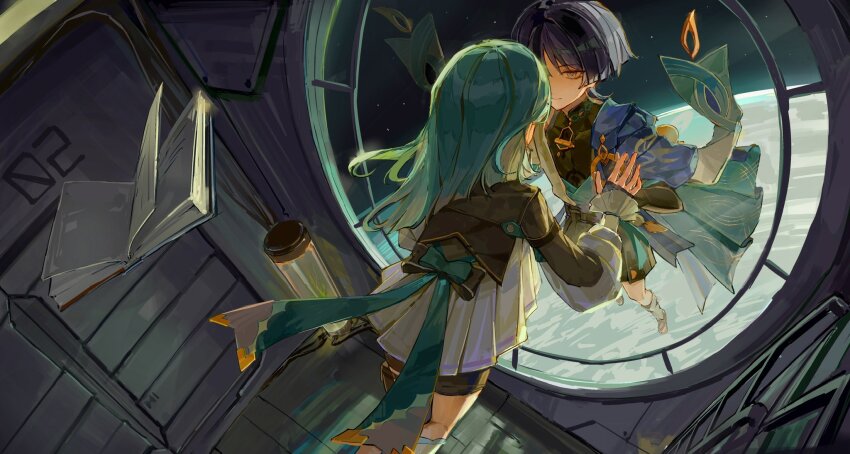 1boy 1girl against_window aqua_kimono arm_strap artist_self-insert black_bodysuit black_bow black_capelet black_hair black_leggings black_shorts black_sleeves blue_cape blunt_ends bodysuit book bow cape capelet closed_mouth earth_(planet) fingerless_gloves floating foreshortening furisode genshin_impact gloves green_bow green_hair hakama hakama_shorts hetero highres indoors japanese_clothes kimono ladder layered_kimono layered_sleeves leg_warmers leggings levitation lic_617 long_hair long_sleeves looking_at_another mandarin_collar numbered open_clothes open_kimono original planet pleated_shorts purple_eyes sandals scaramouche_(genshin_impact) shirt shorts sky space space_station star_(sky) starry_sky toes tsurime two-sided_cape two-sided_fabric vision_(genshin_impact) wanderer_(genshin_impact) white_kimono white_leg_warmers white_shirt white_sleeves white_trim window zero_gravity zouri