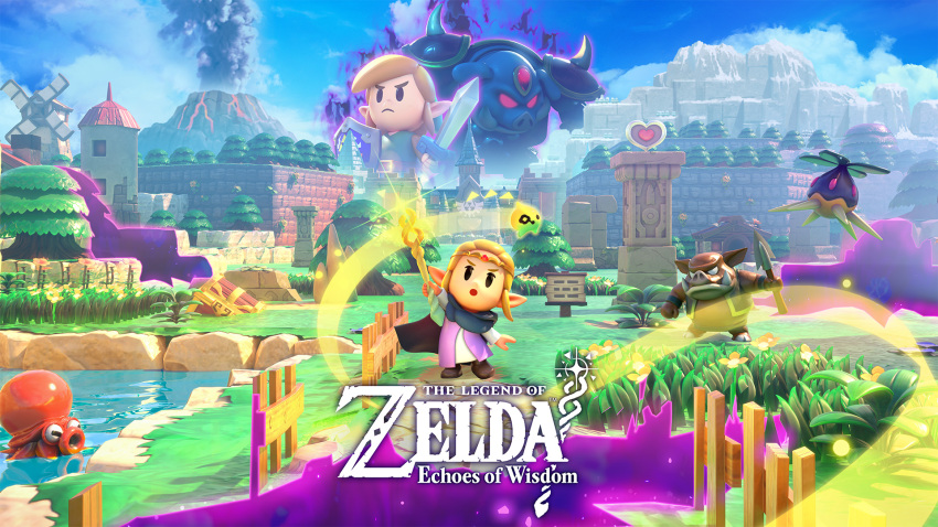 blonde_hair circlet cloak commentary copyright_name english_commentary fence forehead_jewel ganon glowing gold_circlet grass highres key_visual link logo mage_staff moblin mountain nintendo octorok official_art peahat piece_of_heart pig_boy pointy_ears princess_zelda promotional_art shield shoulder_spikes spikes sword the_legend_of_zelda the_legend_of_zelda:_echoes_of_wisdom third-party_source tri_(zelda) tri_rod volcano water weapon windmill wooden_fence