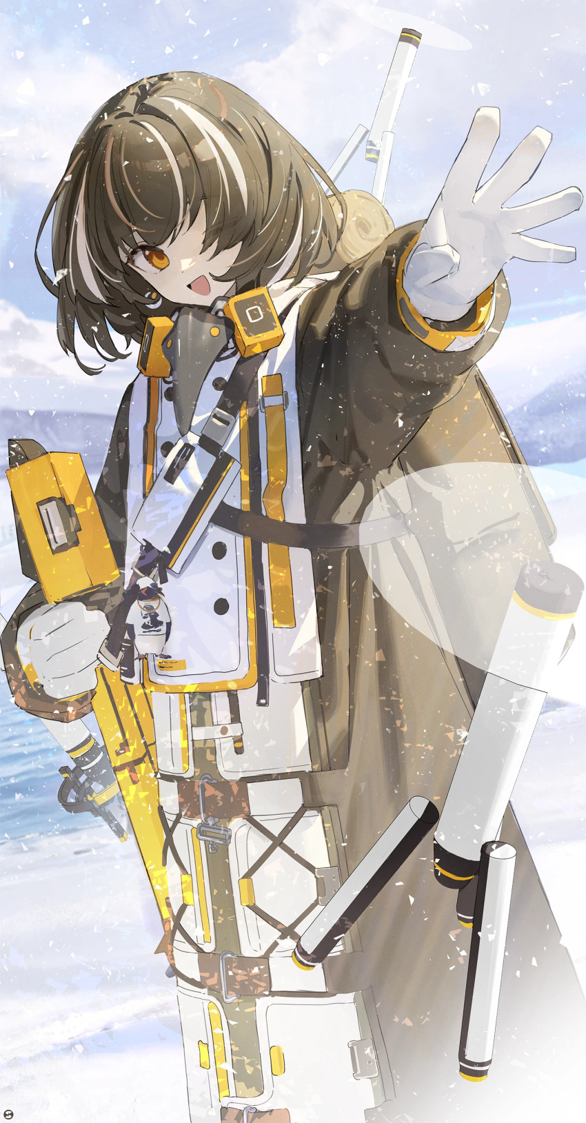 1girl absurdres arknights bird_mask black_coat brown_eyes brown_hair charm_(object) coat day drone emperor_(arknights) gloves hand_up highres looking_at_viewer magallan_(arknights) mask mask_around_neck multicolored_hair one_eye_closed open_mouth outdoors outstretched_arm respirator short_hair smile snow snowing solo songchuan_li streaked_hair theodolite tripod white_gloves white_hair white_streaks winter_clothes winter_coat