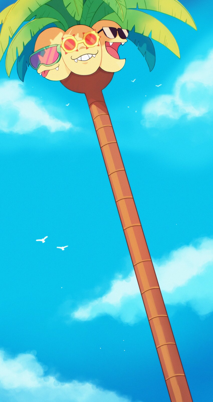 absurdres alolan_exeggutor alolan_form blue_sky choice_specs closed_mouth cloud commission day fangs fangs_out gen_7_pokemon goggles grin highres nintendo no_humans open_mouth outdoors pokemon sky smile sunglasses swim_goggles taplaos tongue tongue_out tree