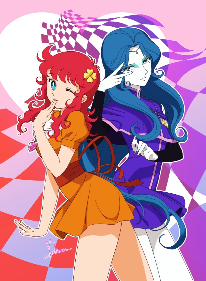 2girls ace_(playing_card) ace_of_diamonds artist_name black_sleeves blue_eyes blue_eyeshadow blue_hair breasts capelet card clover_hair_ornament cowboy_shot curly_hair diamond_(shape) dress eyeshadow four-leaf_clover_hair_ornament hair_ornament hand_up hashtag-only_commentary heart heart_necklace highres holding holding_card jewelry kanzaki_megu long_hair looking_at_viewer majokko_megu-chan makeup medium_breasts multiple_girls necklace non_gou one_eye_closed orange_dress pale_skin parted_lips pendant playing_card puffy_short_sleeves puffy_sleeves purple_capelet purple_dress red_hair short_dress short_sleeves signature smile standing thighs v very_long_hair yoshinaga_masahiro