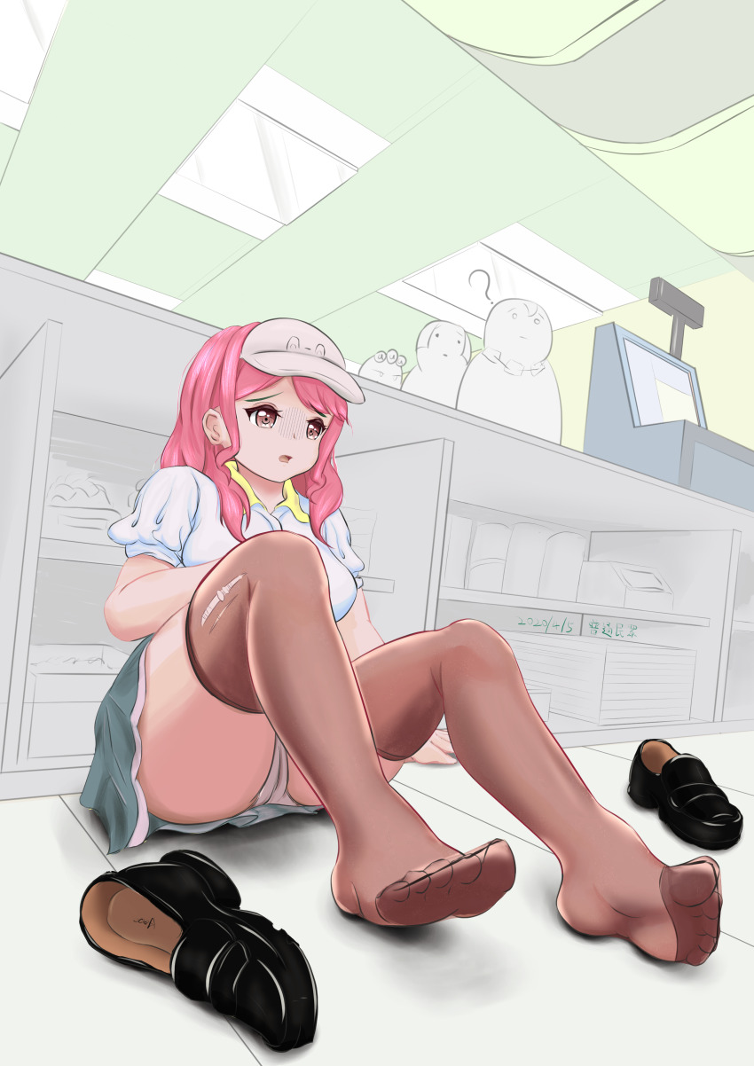 1girl absurdres bang_dream! blush counter feet highres loafers long_hair maruyama_aya open_mouth panties pantyshot pink_eyes pink_hair see-through_clothes see-through_legwear shoes siliao_ji_(rbmsites) soles thighhighs toes underwear unworn_shoes visor_cap