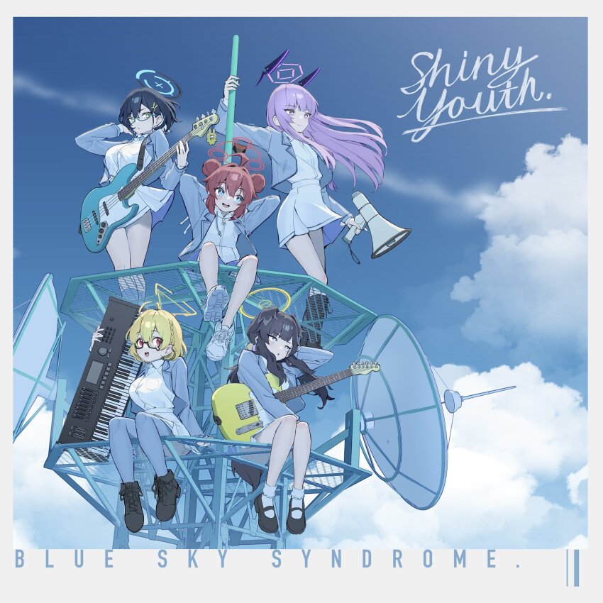 5girls ahoge alternate_costume animal_ears band_(music) black_hair blonde_hair blue_archive blue_eyes blush breasts chihiro_(blue_archive) cloud day dog_ears dog_girl dog_tail double_bun electric_guitar english_text floating_headgear glasses guitar hair_bun halo headgear hibiki_(blue_archive) highres holding holding_guitar holding_instrument hoyhoy_colo instrument jacket kotori_(blue_archive) large_breasts long_hair long_sleeves maki_(blue_archive) medium_breasts megaphone multiple_girls open_mouth outdoors piano purple_eyes purple_hair radar_dish radio_tower red_eyes red_hair red_halo school_uniform short_hair sitting skirt sky small_breasts smile tail teardrop-framed_glasses thighhighs utaha_(blue_archive)