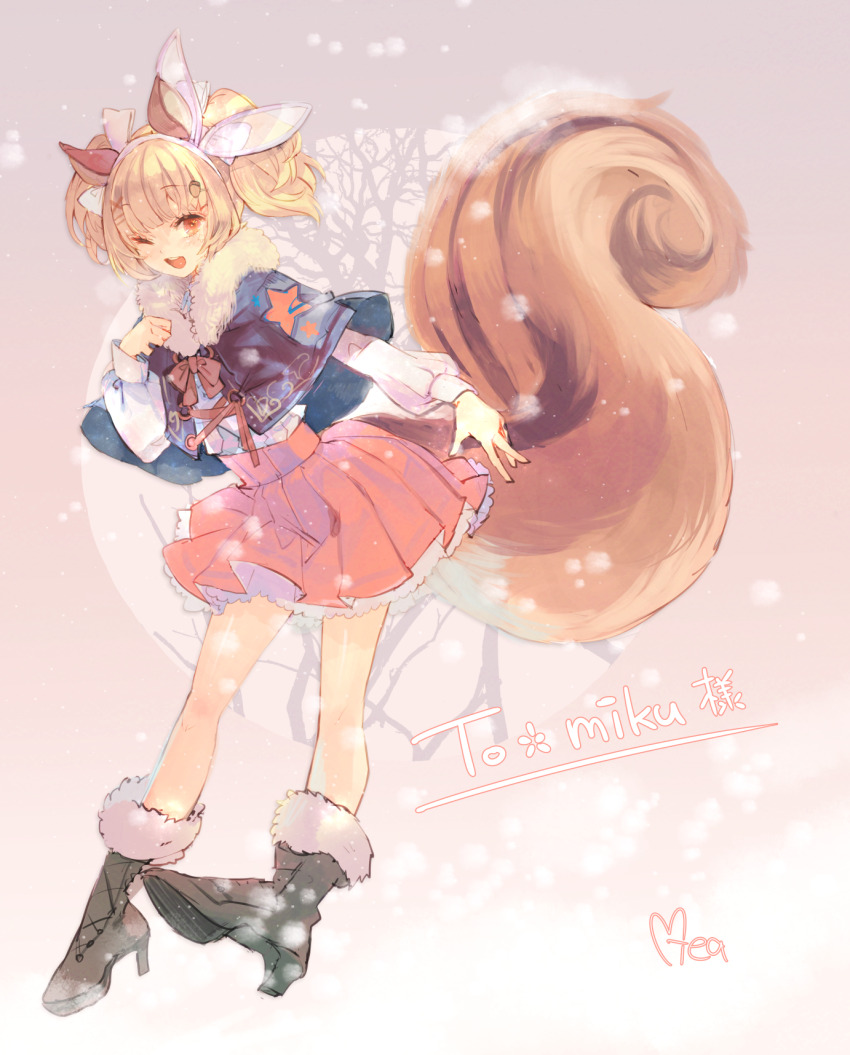 1girl ;d animal_ears aqua_capelet black_boots blonde_hair blurry bokeh boots capelet commission depth_of_field full_body fur-trimmed_boots fur-trimmed_capelet fur_trim grey_background hand_on_own_chest hand_up happy high-waist_skirt high_heel_boots high_heels highres kaiteki_live komori_risu leaning_forward long_sleeves looking_at_viewer miea222 one_eye_closed open_mouth pink_skirt poet_sleeves second-party_source signature skeb_commission skirt smile snowing solo squirrel_ears squirrel_girl squirrel_tail tail twintails