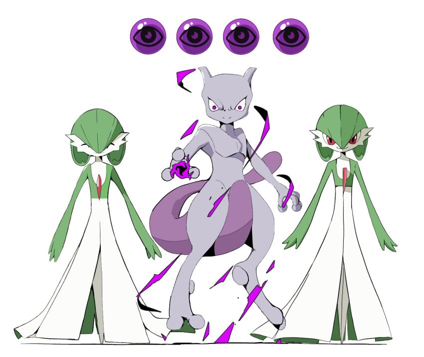 bob_cut closed_eyes colored_skin dress floating gardevoir gen_1_pokemon gen_3_pokemon green_hair green_skin legendary_pokemon looking_at_viewer mewtwo multicolored_skin nintendo pink_eyes pokemon pokemon_(creature) pokemon_tcg pokemon_tcg_pocket psaber97 purple_eyes purple_skin simple_background smile two-tone_skin white_background white_dress white_skin