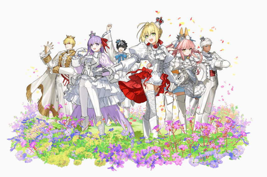3boys 3girls absurdres ahoge animal_ear_fluff animal_ears archer_(fate) archer_(flower_parade)_(fate) ascot bb_(fate) black_hair blonde_hair blue_eyes blue_shorts boots braid breasts brooch buttons cape charlemagne_(fate) charlemagne_(flower_parade)_(fate) crown dark-skinned_male dark_skin earrings falling_petals fate/extella fate/extella_link fate/extra fate_(series) flower formal_clothes fox_ears fox_girl fox_tail fringe-trimmed_cape gilgamesh_(fate) gloves green_eyes grey_eyes hair_between_eyes hair_bun hair_intakes hair_ribbon hand_on_own_hip highres jacket jewelry juliet_sleeves knee_boots large_breasts long_hair long_sleeves mini_crown multicolored_hair multiple_boys multiple_girls neck_ribbon nero_claudius_(fate) official_art on_grass one_eye_closed open_mouth pants petals pink_hair promotional_art puffy_sleeves purple_eyes purple_hair red_eyes red_ribbon ribbon second-party_source shirt shoes short_hair shorts smile split_ponytail streaked_hair tail tamamo_(fate) tamamo_no_mae_(fate) thigh_boots thighhighs two-tone_hair updo very_long_hair vest wada_arco white_cape white_gloves white_hair white_jacket white_pants white_shirt white_shoes white_shorts white_thighhighs white_vest yellow_eyes