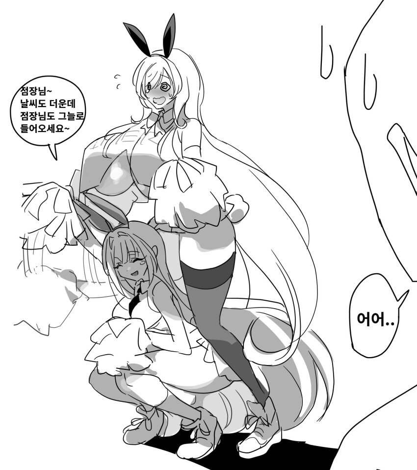 1boy 2girls @_@ animal_ears ascot blanc_(nikke) blush bow bowtie breasts crop_top embarrassed fake_animal_ears fake_tail goddess_of_victory:_nikke greyscale highres huge_breasts medium_breasts mimlmi monochrome multiple_girls noir_(nikke) pom_pom_(cheerleading) rabbit_ears rabbit_tail shoes sketch skirt sneakers squatting sweatdrop tail thighhighs underboob