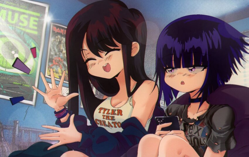 2girls bad_id bad_twitter_id black_choker black_hair black_jacket black_shirt blue_eyes blush breasts choker cleavage grs- hailey_(grs-) highres holding holding_phone indoors iron_maiden_(band) jacket lens_flare long_hair long_sleeves medium_breasts multiple_girls muse_(band) off_shoulder open_mouth original phone poster_(object) print_shirt purple_eyes sex_pistols shirt short_hair short_sleeves sitting small_breasts smile talia_(grs-) tank_top tyler_the_creator upper_body white_tank_top