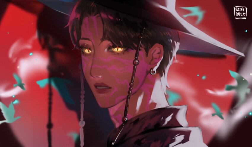 1boy black_hair black_hanbok demon earrings gat_(hat) gatkkeun glowing glowing_eyes hanbok hat jewelry jinu_(kpop_demon_hunters) korean_clothes korean_traditional_hat kpop_demon_hunters lips male_focus short_hair slit_pupils solo teeth upper_body xingtaai yellow_eyes