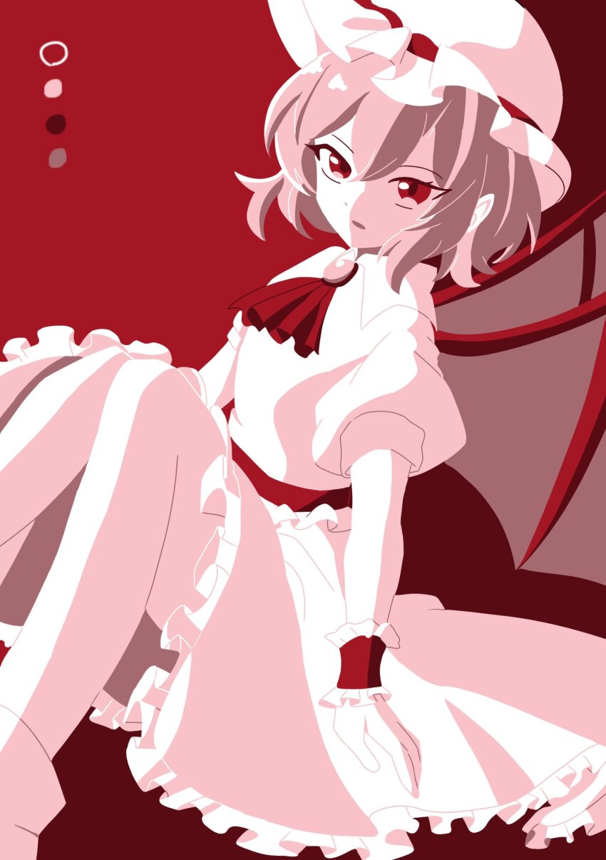 1girl 3y7cucaciv6362g ascot bat_wings brooch color_guide dress frilled_dress frilled_wrist_cuffs frills hat highres jewelry limited_palette mob_cap puffy_short_sleeves puffy_sleeves red_background red_eyes red_theme remilia_scarlet short_hair short_sleeves simple_background solo touhou vampire wings wrist_cuffs