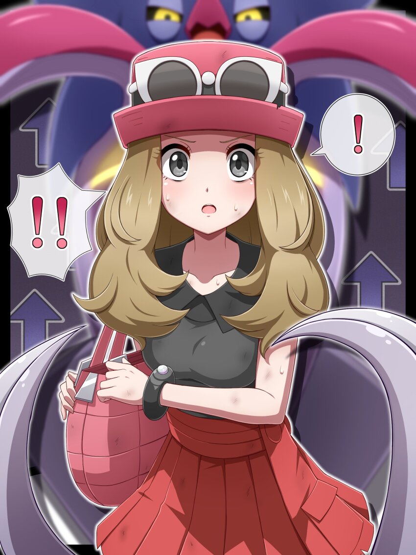 ! !! 1girl :o absurdres arrow_(symbol) bag blonde_hair blurry blurry_background bracelet breasts collared_shirt commentary_request gen_6_pokemon grey_eyes handbag hat highres jewelry long_hair looking_at_viewer malamar nintendo pink_bag pink_hat pleated_skirt pokemon pokemon_(creature) pokemon_xy red_skirt serena_(pokemon) shabana_may shirt skirt spoken_exclamation_mark sunglasses sweat white-framed_eyewear