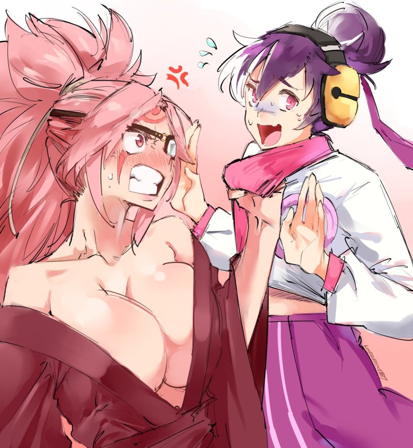 2girls angry baiken bare_shoulders blush breasts cleavage commentary commission eyepatch facial_tattoo flat_chest flying_sweatdrops guilty_gear guilty_gear_xrd hair_bun headphones highres japanese_clothes kenshin187 kimono korean_clothes kum_haehyun large_breasts lifting_person long_hair multicolored_hair multiple_girls neck_grab no_bra off_shoulder one-eyed open_clothes open_kimono pink_eyes pink_hair ponytail purple_hair red_eyes scared single_hair_bun sweatdrop tattoo two-tone_hair white_hair
