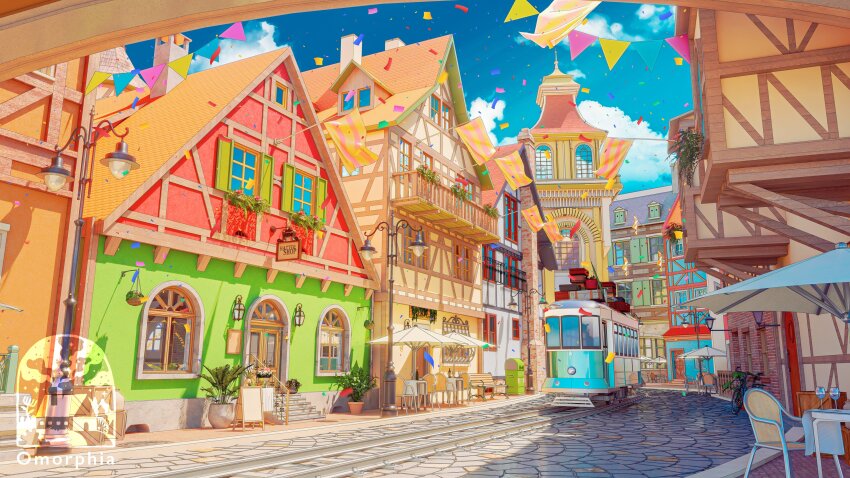 absurdres blue_sky chair colorful confetti day door european_architecture flag highres no_humans omorphia original outdoors parasol sky streetcar umbrella