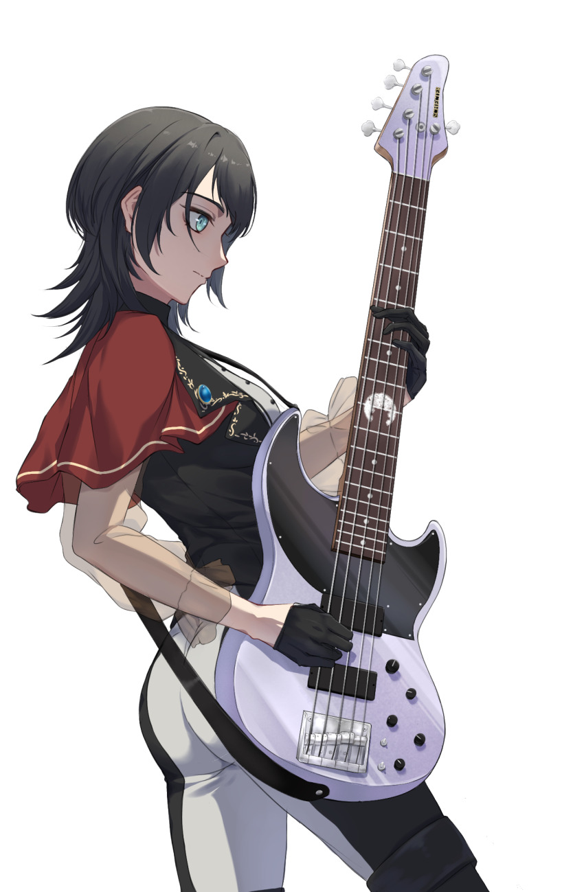 1girl 5-string_bass_guitar ass bang_dream! bang_dream!_it&#039;s_mygo!!!!! bass_guitar black_gloves black_hair black_pantyhose black_vest blue_eyes closed_mouth commentary english_commentary extended_range_bass_guitar gloves highres instrument medium_hair miyamu panties pants pantyhose see-through_clothes see-through_sleeves simple_background solo timoris_(bang_dream!) two-tone_pants underwear variant_set vest white_background white_panties yahata_umiri