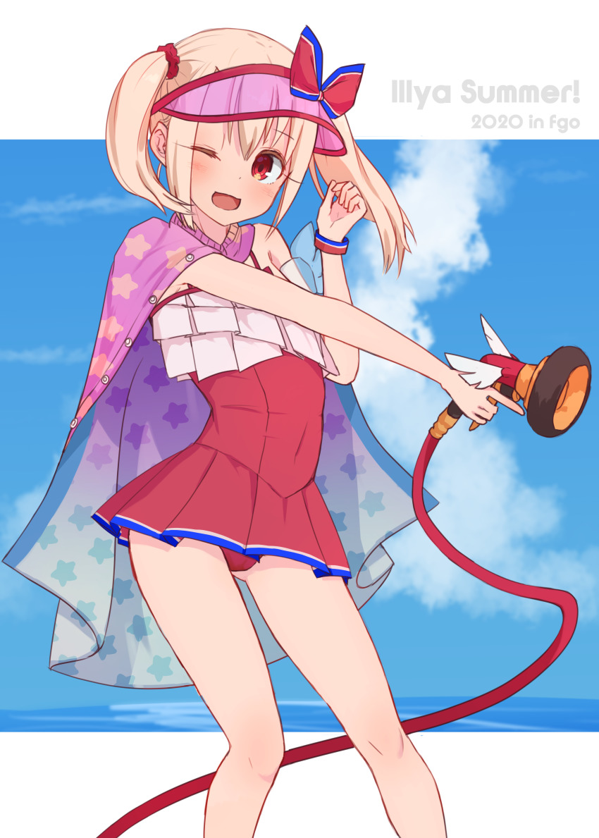1girl ;d absurdres blue_sky blush breasts cape dress_swimsuit fate/grand_order fate_(series) highres hose illyasviel_von_einzbern illyasviel_von_einzbern_(swimsuit_archer) illyasviel_von_einzbern_(swimsuit_archer)_(second_ascension) kopaka_(karda_nui) long_hair looking_at_viewer magical_ruby magical_ruby_(hose) ocean one-piece_swimsuit one_eye_closed open_mouth red_eyes red_one-piece_swimsuit sky small_breasts smile swimsuit thighs twintails visor_cap white_hair