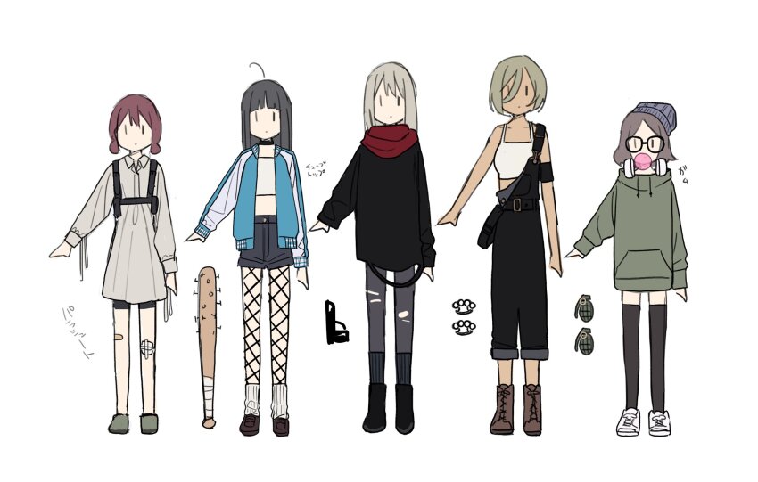 5girls ahoge awa_subaru loose_socks bandaid bandaid_on_knee bandaid_on_leg baseball_bat black_choker black_hair black_overalls black_pantyhose black_shorts black_sweater black_thighhighs blue_jacket blue_shorts blunt_bangs brass_knuckles brown_footwear brown_hair bubble_gun choker closed_mouth commentary crop_top ebizuka_tomo explosive fishnets full_body girls_band_cry glasses green_hoodie grenade gun hair_between_eyes handgun headphones headphones_around_neck highres hood hood_down hoodie iseri_nina jacket kawaragi_momoka long_hair long_hair_between_eyes long_sleeves low_twintails midriff multiple_girls nail nail_(hardware) nail_bat open_clothes open_jacket overalls pantyhose purple_beanie red_scarf rupa_(girls_band_cry) scarf short_hair short_twintails shorts sidelocks simple_background single_off_shoulder sleeves_past_wrists socks spiked_bat sweater teshima_nari thighhighs togenashi_togeari twintails weapon white_background white_socks