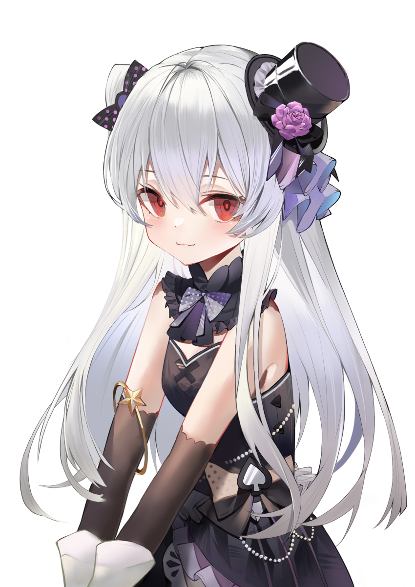 1girl absurdres bangle black_bow black_dress black_hat bow bowtie bracelet breasts chinese_commentary closed_mouth commentary_request detached_sleeves dress flower gloves grey_hair hair_between_eyes hair_bow hat hat_flower highres jewelry long_hair looking_at_viewer mini_hat mini_top_hat original paheide_guang pink_flower polka_dot polka_dot_bow red_eyes sidelocks simple_background sleeveless sleeveless_dress small_breasts smile solo spade_(shape) star_(symbol) tilted_headwear top_hat two_side_up v_arms white_background white_gloves