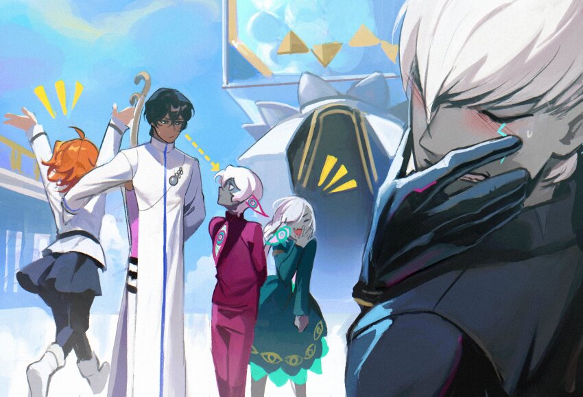 2girls 3boys ahoge arjuna_(fate) black_hair blush boy_vajra_(fate) chaldea_uniform dark-skinned_male dark_skin fate/grand_order fate_(series) father_and_son fujimaru_ritsuka_(female) girl_vajra_(fate) highres indra_(fate) multiple_boys multiple_girls neruchiru_08 orange_hair shoes short_hair skirt white_hair white_shoes