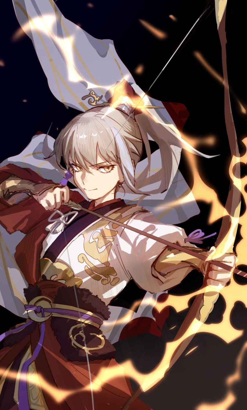 1boy archer_(fate/samurai_remnant) archery arm_guards arrow_(projectile) black_background blonde_hair bow_(weapon) chinese_clothes chinese_hairpin drawing_bow fate/samurai_remnant fate_(series) fire flaming_arrow flaming_weapon grey_hair hair_ornament hanfu high_ponytail highres holding holding_arrow holding_bow_(weapon) holding_weapon multicolored_hair ponytail rerheart solo streaked_hair tassel tassel_hair_ornament weapon xiao_guan_(headdress)