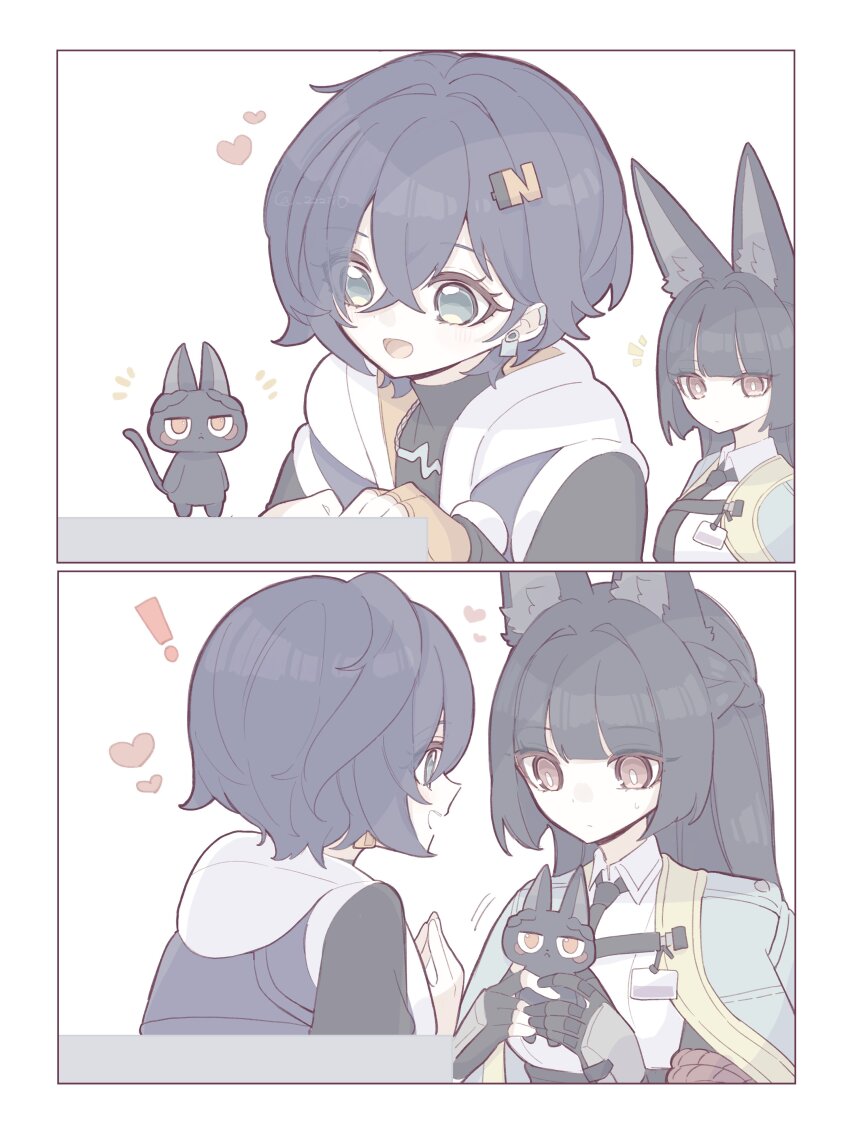 2girls absurdres animal animal_ear_fluff animal_ears aqua_jacket belle_(zenless_zone_zero) black_cat black_necktie blue_hair blunt_bangs cat collared_shirt fox_ears fox_girl gauntlets green_eyes hair_ornament heart highres holding holding_animal holding_cat hood hoodie hoshimi_miyabi jacket letter_hair_ornament long_hair multiple_girls necktie red_eyes shirt single_gauntlet smile upper_body white_shirt zenless_zone_zero zzzii0