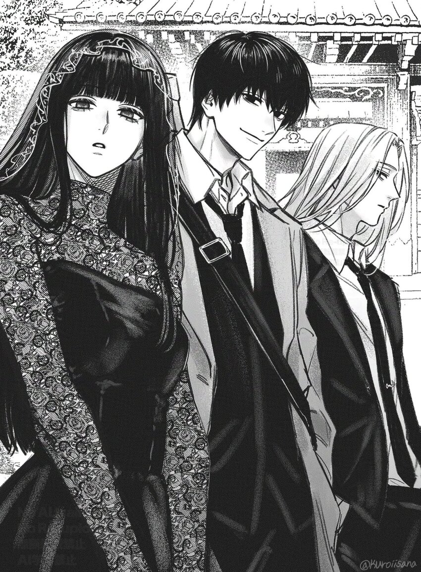 1girl 2boys black_dress black_hair black_jacket black_pants coat collared_shirt dress greyscale highres jacket kuroiisana long_hair looking_at_viewer medium_hair monochrome multiple_boys nagumo_(sakamoto_days) necktie osaragi_(sakamoto_days) outdoors pants sakamoto_days shirt shishiba_(sakamoto_days) short_hair standing suit_jacket temple upper_body veil white_shirt