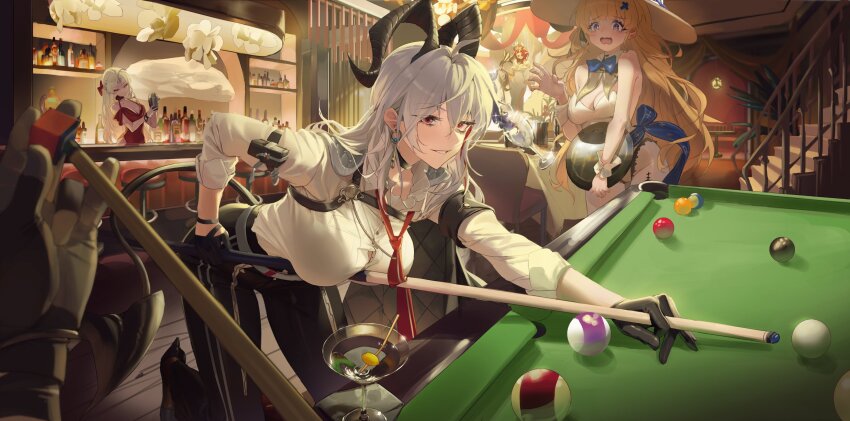 1boy 4girls absurdres alternate_costume arm_pouch armband bar_(place) bare_shoulders bartender billiards black_armband black_choker black_gloves black_horns black_jacket black_pants black_pouch blonde_hair blue_bow blue_bowtie bottle bow bowtie breasts button_gap carlotta_(wuthering_waves) chest_harness choker ciaccona_(wuthering_waves) collared_shirt commentary_request cup curled_horns dress drinking_glass earrings feather_pen113 gloves hair_between_eyes hair_ornament harness hat highres holding holding_polearm holding_weapon horns jacket jacket_on_shoulders jewelry key_earrings korean_commentary large_breasts leotard long_hair looking_at_viewer male_rover_(wuthering_waves) multicolored_hair multiple_girls music necktie pants pantyhose parted_lips phoebe_(wuthering_waves) polearm pool_table pov pov_hands red_dress red_eyes red_necktie rover_(wuthering_waves) shirt singing smile stage streaked_hair table tacet_mark_(wuthering_waves) weapon white_dress white_hat white_leotard white_pantyhose wuthering_waves x_hair_ornament zani_(wuthering_waves)