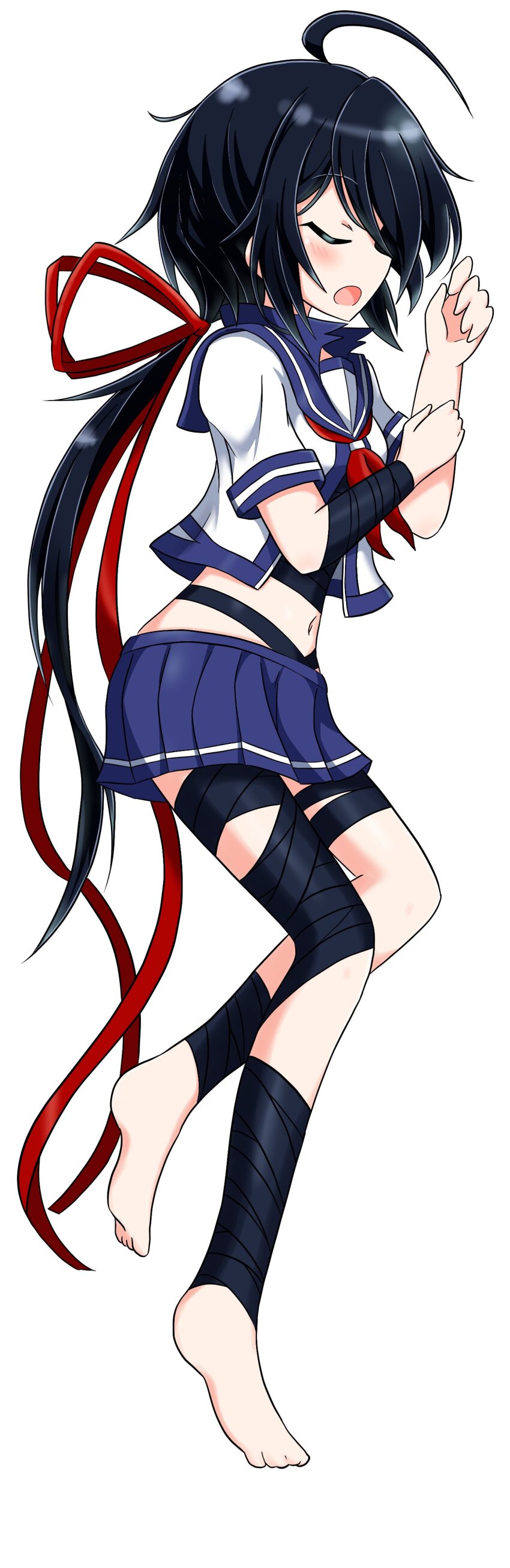 1girl absurdres ahoge bandages barefoot black_hair blue_sailor_collar blue_skirt commentary_request from_above full_body hair_ribbon highres kako_(kancolle) kako_kai_ni_(kancolle) kantai_collection kinoshita_tsubomi long_hair low_ponytail lying messy_hair navel neckerchief on_side open_mouth pleated_skirt ponytail red_neckerchief ribbon sailor_collar school_uniform serafuku short_sleeves simple_background skirt sleeping solo very_long_hair white_background