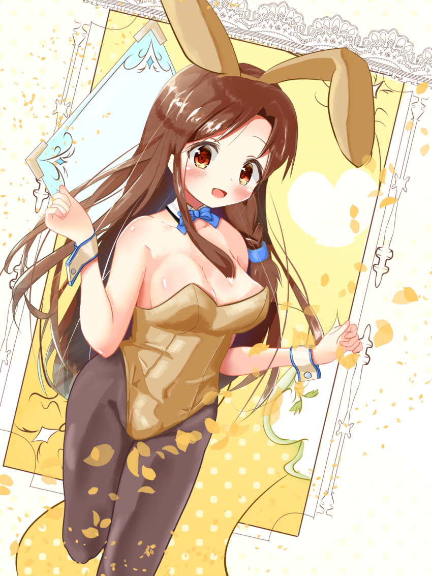 1girl animal_ears bare_shoulders black_pantyhose blue_bow blue_bowtie blush bow bowtie breasts brown_eyes brown_hair cleavage commentary_request cowboy_shot detached_collar fake_animal_ears female_focus gold_leotard highres kin-iro_mosaic leotard long_hair looking_at_viewer matsubara_honoka medium_breasts open_mouth pantyhose playboy_bunny rabbit_ears rabbit_girl smile solo strapless strapless_leotard wanwan_(skoji1234) wrist_cuffs