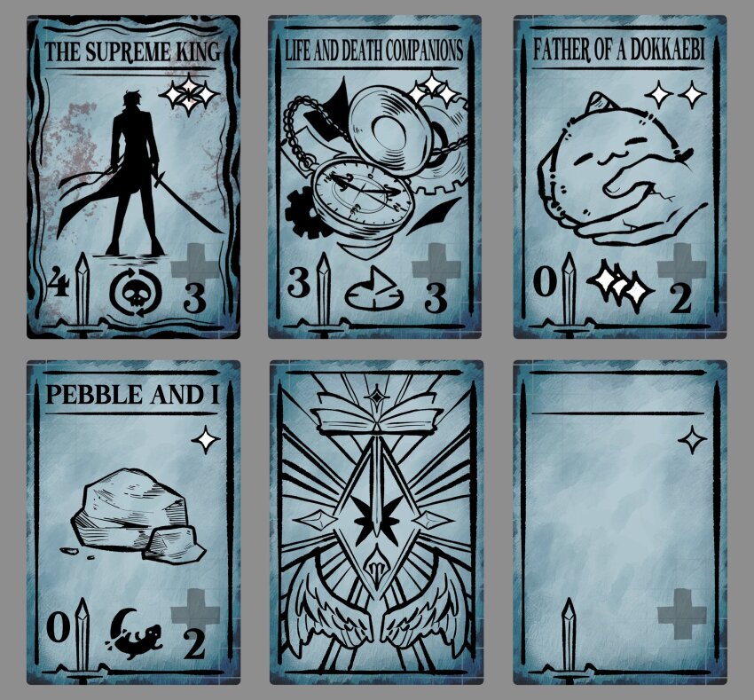 areuwuu biyoo_(omniscient_reader&#039;s_viewpoint) card gears highres kim_dokja limited_palette no_humans object_focus omniscient_reader&#039;s_viewpoint pebble pocket_watch silhouette sparkle standing sword watch weapon wings yoo_joonghyuk