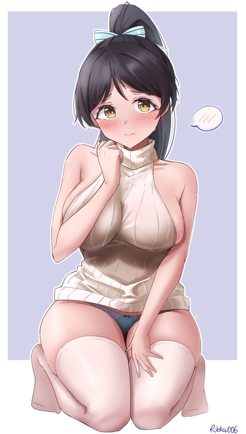 1girl absurdres alternate_costume black_bow black_hair blue_background blue_panties blush border bow bow_panties breasts closed_mouth collarbone commentary_request embarrassed full_body hair_bow hazuki_ren high_ponytail highres large_breasts long_hair looking_at_viewer love_live! love_live!_superstar!! meme_attire no_shoes outline outside_border panties pinstripe_bow ponytail ribbed_sweater rikka006 sideboob simple_background sleeveless sleeveless_sweater sleeveless_turtleneck smile solo speech_bubble spoken_blush sweater thighhighs turtleneck turtleneck_sweater underwear virgin_killer_sweater white_border white_bow white_outline white_thighhighs yellow_eyes