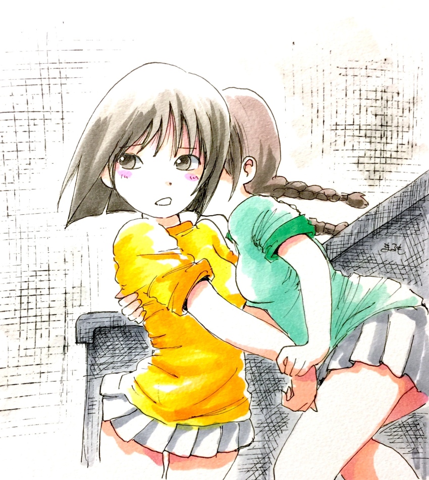 2girls chibi_maruko-chan green_shirt highres honami_tamae implied_kiss kodomo_doushi marumo_516 multiple_girls sakura_momoko shirt yellow_shirt yuri