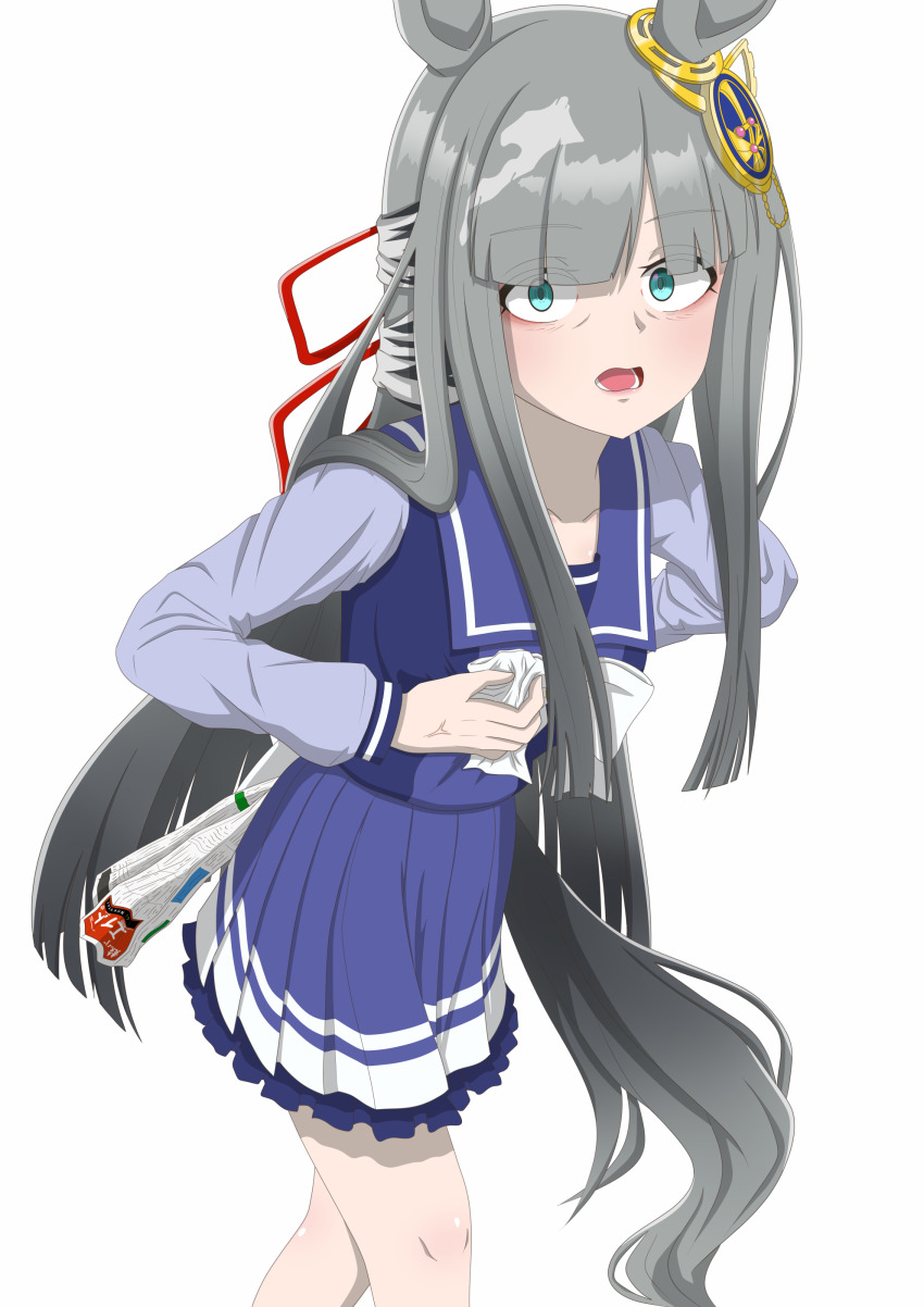 1girl absurdres animal_ears blunt_bangs breasts chrono_genesis_(umamusume) collarbone empty_eyes glaring grey_hair hair_between_eyes hair_ornament highres holding holding_newspaper horse_ears horse_girl jealous newspaper school_uniform simple_background solo standing tk_mod tracen_school_uniform umamusume white_background yandere