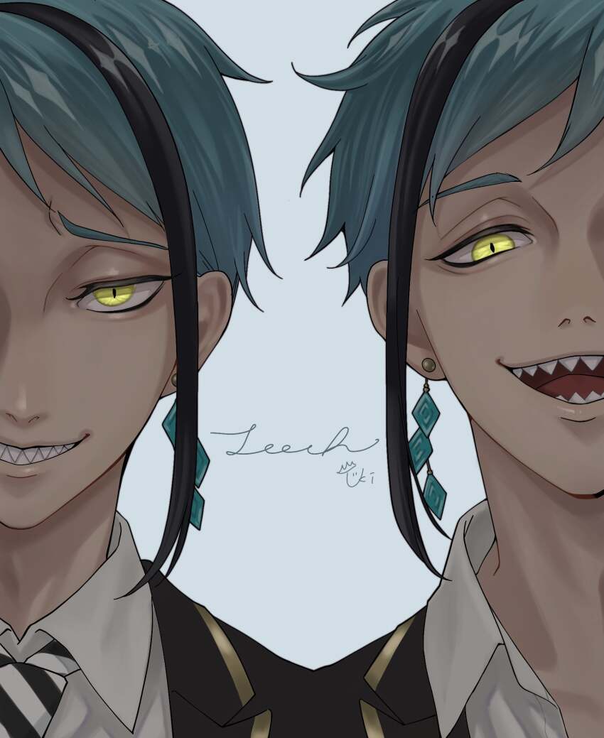 2boys blue_background blue_hair brothers commentary_request floyd_leech highres jade_leech looking_at_viewer male_focus multiple_boys night_raven_college_uniform portrait sharp_teeth short_hair siblings simple_background teeth twins twisted_wonderland ukichan12011 yellow_eyes