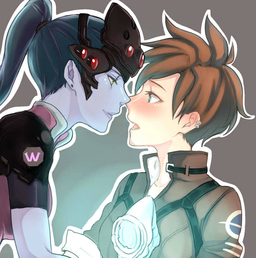 2girls armor bodysuit bomber_jacket brown_jacket chest_harness closed_mouth collarbone colored_skin ear_piercing earrings eyelashes hair_ornament hair_tie harness head-mounted_display highres jacket jewelry kotori_(b-i-r-d) leather leather_jacket lips multiple_girls open_mouth overwatch overwatch_1 pauldrons piercing purple_hair purple_lips purple_skin short_sleeves shoulder_armor shoulder_pads sleeves_rolled_up spiked_hair strap stud_earrings teeth tongue tracer_(overwatch) turtleneck upper_body widowmaker_(overwatch) yellow_eyes yuri