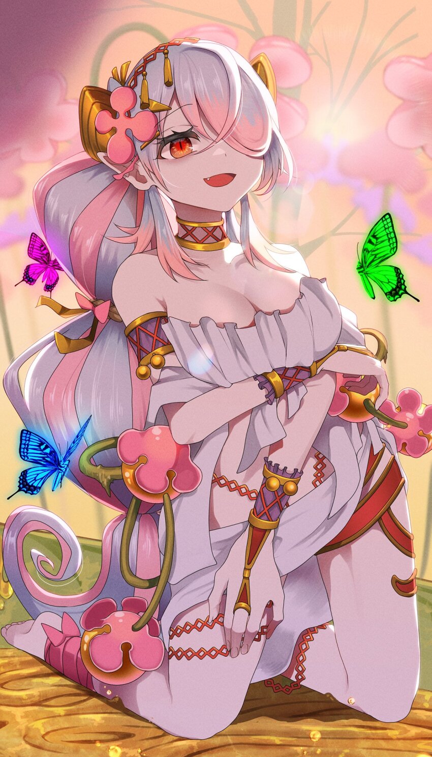 1girl arm_under_breasts armlet bare_shoulders barefoot blue_butterfly blurry blurry_background breasts bug butterfly cleavage collarbone duel_monster fang flower green_butterfly hair_ornament hair_over_one_eye highres insect jewelry kneeling large_breasts multicolored_hair open_mouth pink_butterfly pinyata_(pinyaland) plant red_eyes solo thighhighs traptrix_pinguicula two-tone_hair wrist_cuffs yu-gi-oh!
