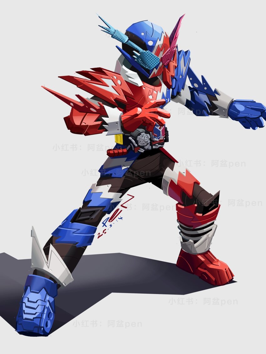 1boy armor belt_buckle black_bodysuit blue_armor blue_helmet bodysuit buckle build_driver full_body grey_background helmet heterochromia highres kamen_rider kamen_rider_build kamen_rider_build_(rabbittank_form) kamen_rider_build_(series) male_focus penpenhuihui rabbit+tank_sparkling rabbit+tank_sparkling_fullbottle red_armor rider_belt simple_background solo standing tokusatsu watermark