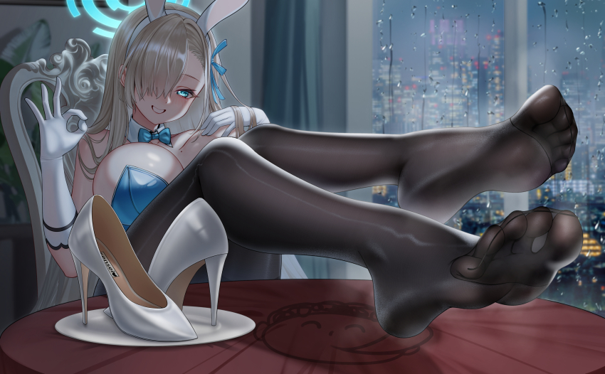 1girl absurdres animal_ears asuna_(blue_archive) asuna_(bunny)_(blue_archive) black_pantyhose blonde_hair blue_archive blue_eyes blush breasts cang_se_ye_hua fake_animal_ears feet grin hair_over_one_eye highres large_breasts long_hair looking_at_viewer pantyhose plate rabbit_ears shoes smile soles steam toes unworn_shoes
