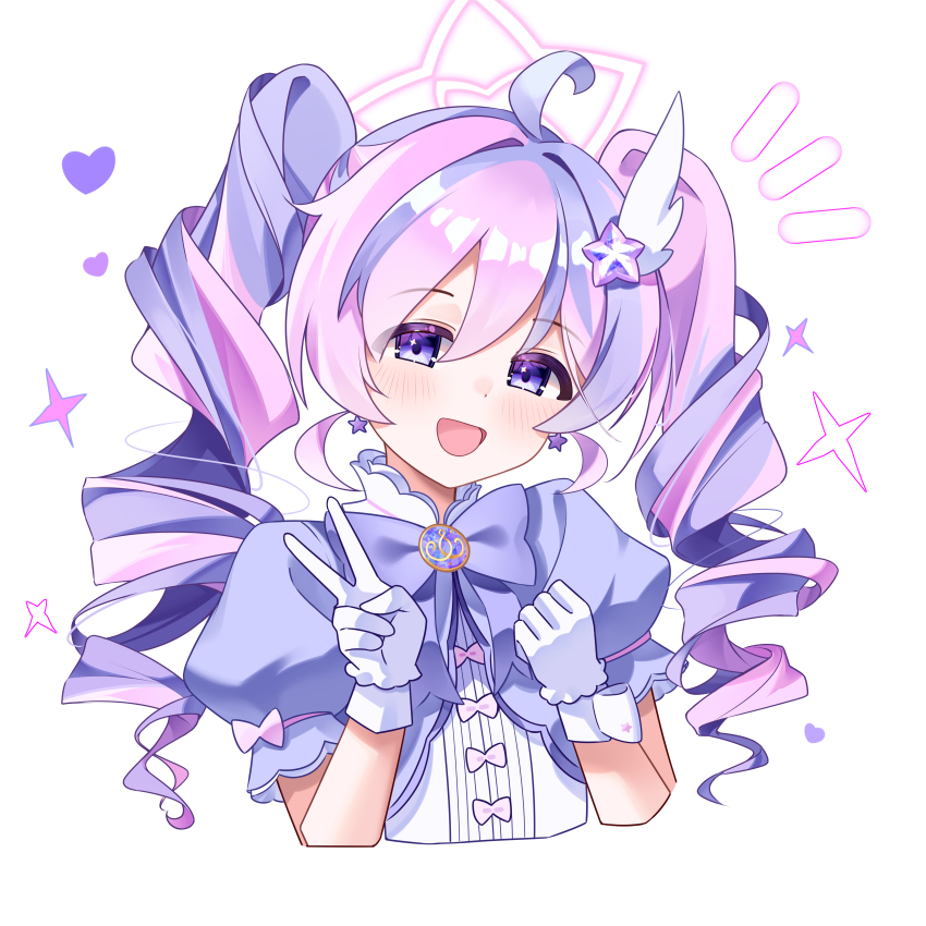 1girl absurdres blue_archive bow bowtie drill_hair earrings gloves hair_ornament halo highres jewelry magical_girl official_alternate_costume official_alternate_hairstyle pink_hair puffy_short_sleeves puffy_sleeves purple_bow purple_bowtie purple_eyes purple_hair purple_halo qiye_jiexian reisa_(blue_archive) reisa_(magical)_(blue_archive) short_sleeves solo star_(symbol) star_hair_ornament star_halo twin_drills upper_body v white_gloves wing_hair_ornament