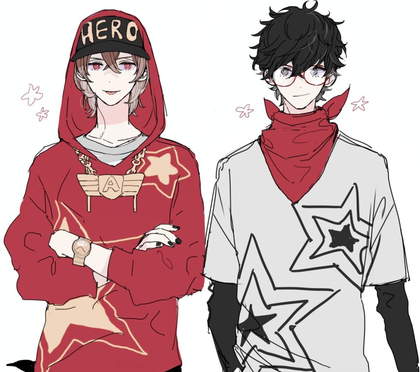 2boys :p akechi_gorou amamiya_ren bandana bandana_around_neck baseball_cap black_hat black_nails black_shirt brown_hair closed_mouth collarbone cowboy_shot crew_neck crossed_arms crossed_bangs dot_nose glasses grey_eyes grey_shirt hat highres hood hood_up hoodie jewelry layered_sleeves long_sleeves looking_at_viewer male_focus meimei_hituzi multiple_boys nail_polish necklace official_alternate_costume persona persona_5 persona_5:_dancing_star_night persona_dancing print_hoodie print_shirt red-framed_eyewear red_bandana red_hoodie shirt short_over_long_sleeves short_sleeves side-by-side smile star_(symbol) star_print straight-on tongue tongue_out watch wristwatch