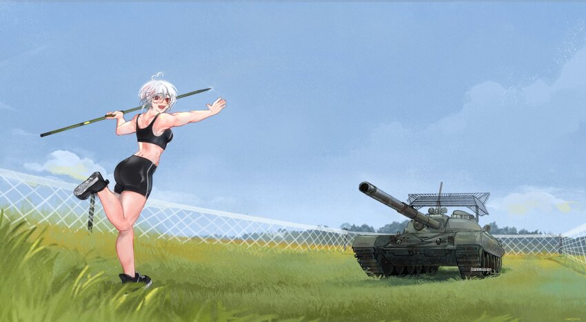 1girl ahoge ass bike_shorts black_shorts black_sports_bra blue_sky breasts cloud commentary commission cope_cage crop_top english_commentary fence full_body grass heart heart_ahoge highres holding holding_polearm holding_weapon javelin_(spear) medium_breasts military military_vehicle motor_vehicle muscular muscular_female open_mouth original polearm pun red_eyes russo-ukrainian_war short_hair shorts sky smile solo sports_bra standing standing_on_one_leg t-72 tank usergore weapon white_hair