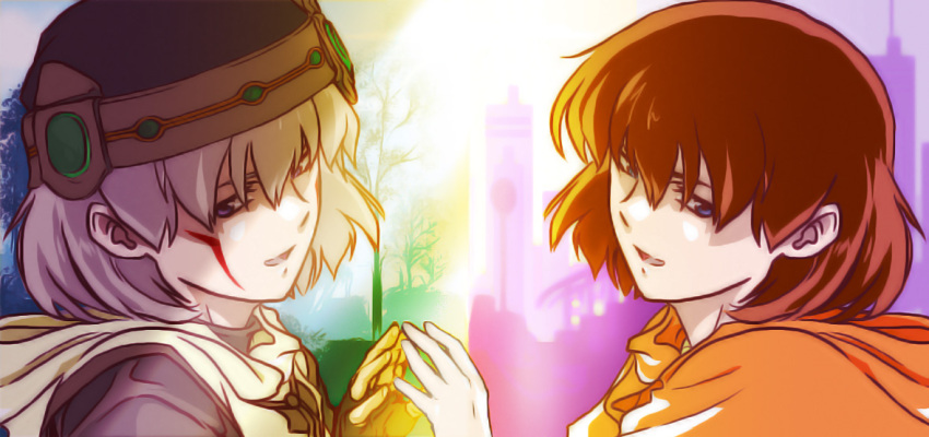 .hack// .hack//sign 1boy 1girl adhemas blue_eyes brown_gloves brown_hair brown_hat brown_shirt city commentary_request dual_persona facial_mark fingerless_gloves gloves green_background grey_hair hand_to_hand hat hood hood_down looking_at_viewer looking_to_the_side medium_hair open_mouth orange_shirt purple_background purple_eyes shirt shouji_an split_theme symmetry tree tsukasa_(.hack//)