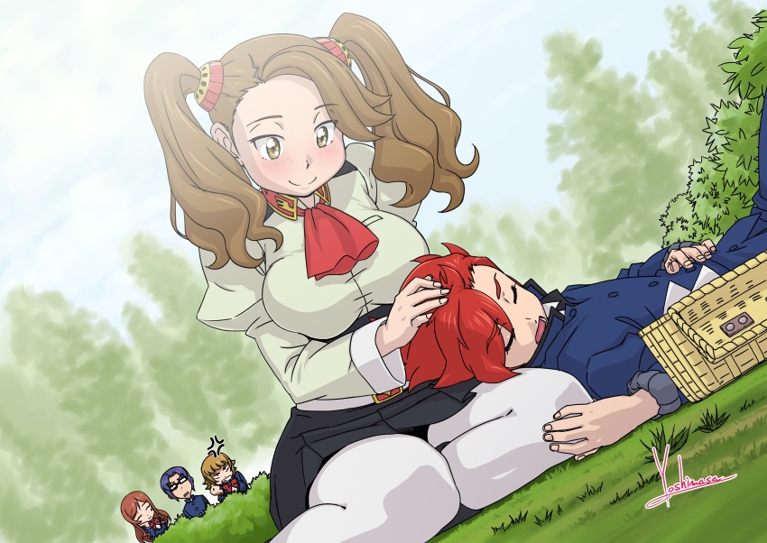 2boys 3girls absurdres anger_vein angry blue_hair blush breasts brown_eyes brown_hair clenched_hand clenched_teeth commentary_request gakuran glasses gundam gundam_build_fighters gundam_build_fighters_try high-waist_skirt highres hoshino_fumina jealous kamiki_mirai kamiki_sekai kousaka_yuuma lap_pillow large_breasts multiple_boys multiple_girls pantyhose peeking photoshop_(medium) picnic_basket red_hair revision sazaki_kaoruko school_uniform signature skirt sleeping teeth torn_clothes torn_pantyhose twintails yoshinaga_masahiro