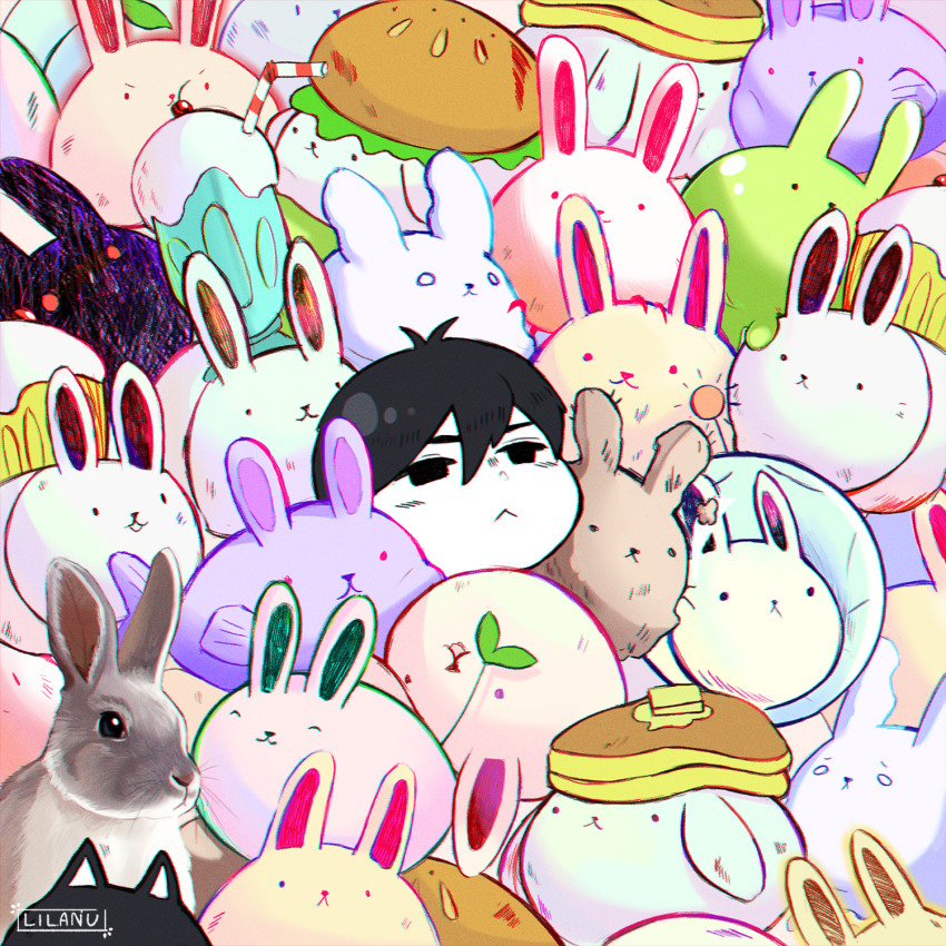 1boy :&lt; animal black_cat black_eyes black_fur black_hair blush bread bun_bunny_(omori) burger cat chibi crowded cupcake cupcake_bunny_(omori) drinking_straw dust_bunny_(omori) food forest_bunny?_(omori) forest_bunny_(omori) frown ghost_bunny_(omori) hair_between_eyes hat helmet highres ice_cream leaf lilanu looking_up mewo milkshake_bunny omori omori_(omori) pancake pancake_bunny_(omori) rabbit rabbit?_(omori) red_eyes short_hair slime_(creature) slime_bunny_(omori) snow_bunny_(omori) space_bunny_(omori) space_helmet sprout_bunny_(omori) too_many too_many_rabbits white_eyes