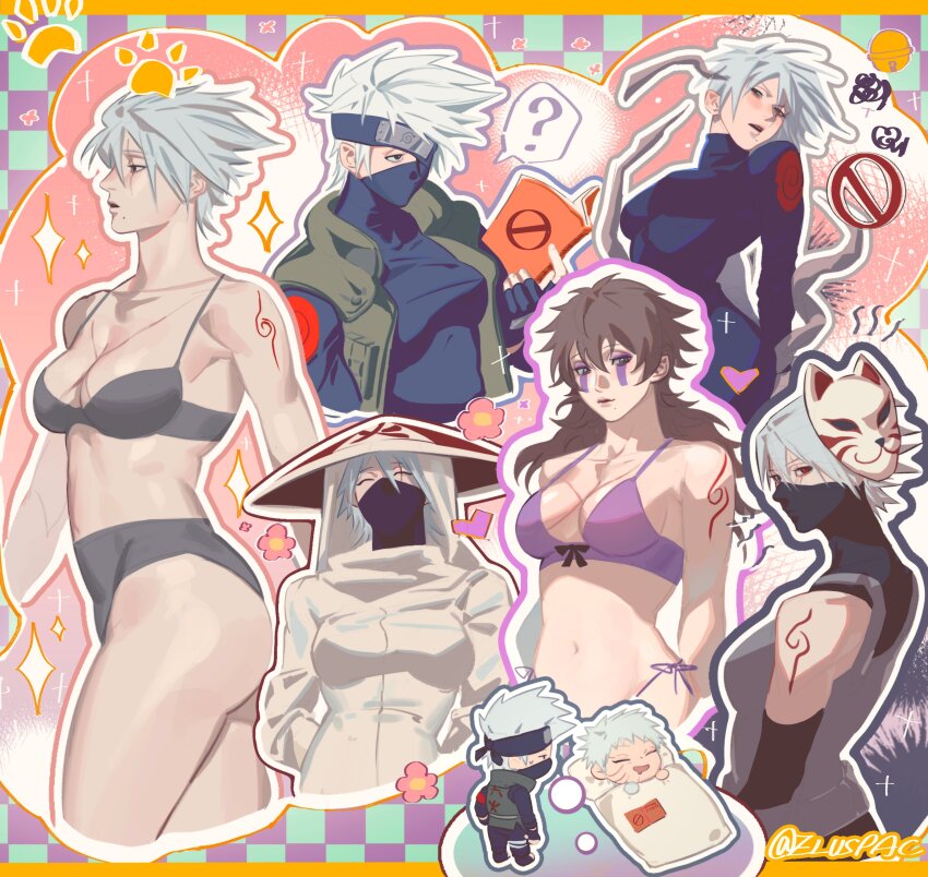1girl 2boys ? absurdres ass black_gloves bra breasts brown_hair coat commentary_request curly_hair dreaming eluspac_maru fingerless_gloves flower genderswap genderswap_(mtf) gloves grey_hair hat hatake_kakashi heart highres hokage icha_icha_(naruto) jacket konohagakure_anbu_uniform konohagakure_shinobi_uniform konohagakure_symbol lipstick makeup mask medium_breasts mole mole_under_mouth mouth_mask multiple_boys naruto_(series) naruto_shippuuden ninja ninja_mask panties red_eyes scar scar_across_eye scar_on_face sharingan short_hair side-tie_panties sleeping sukea_(naruto) tattoo uchiha_obito underwear white_coat